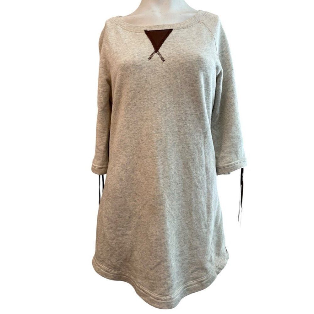 Twisted Heart Medium Oatmeal Fleece Tunic Mini Dress Leather Trim Boho Festival